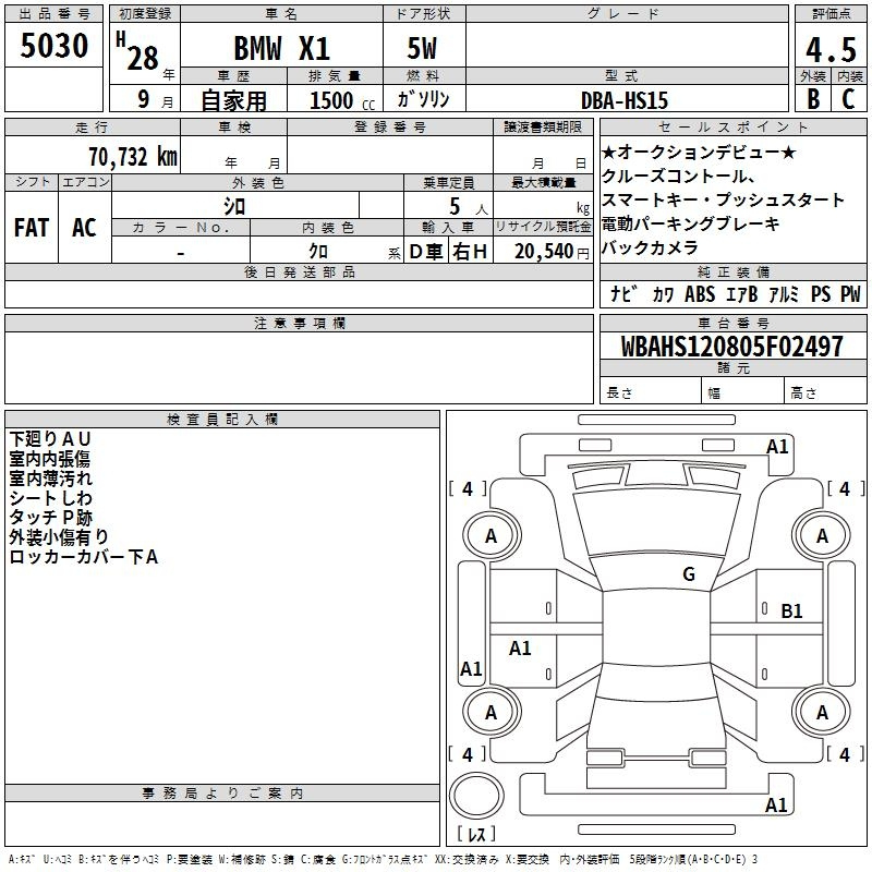 Аукционный лист BMW X1 2016