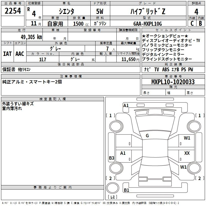 Аукционный лист TOYOTA SIENTA 2022