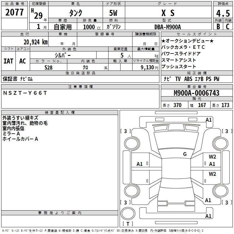 Аукционный лист TOYOTA TANK 2017
