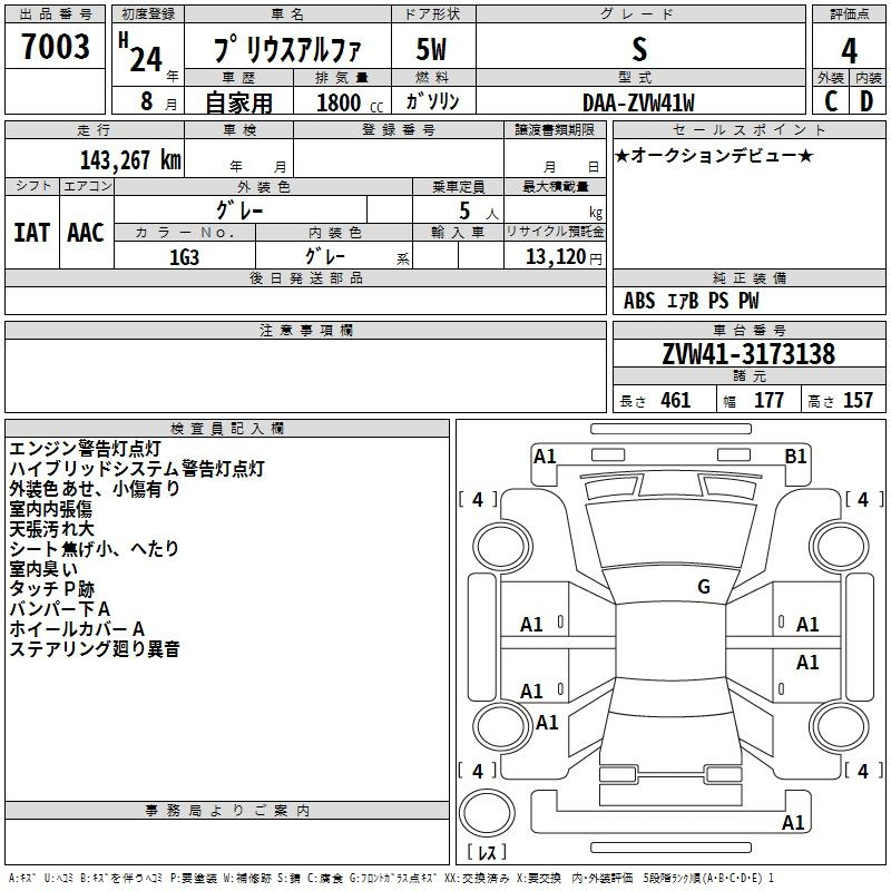 Аукционный лист TOYOTA PRIUS ALPHA 2012