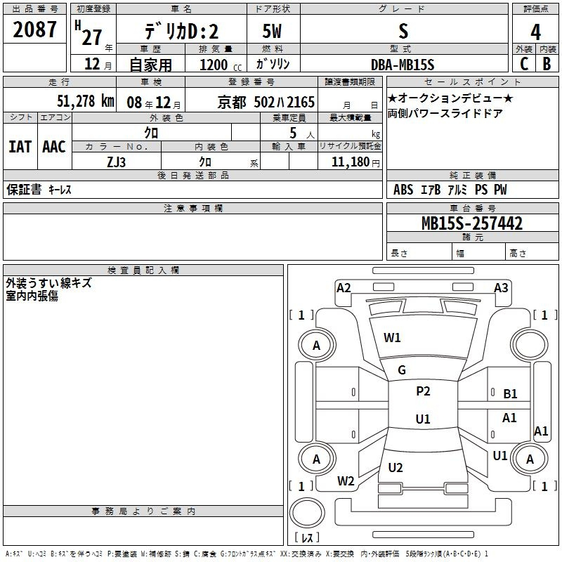 Аукционный лист MITSUBISHI DELICA D2 2015