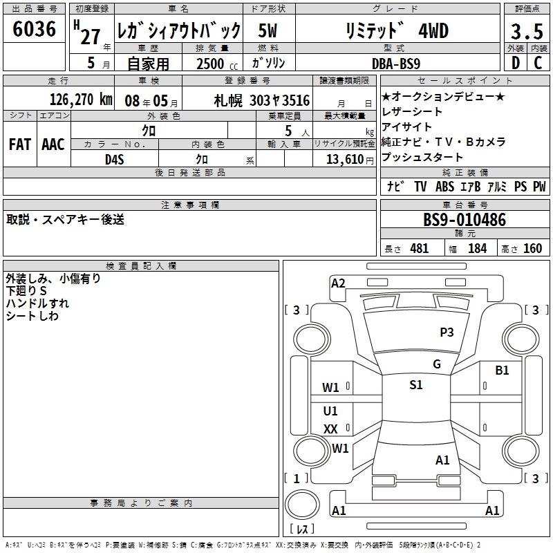 Аукционный лист SUBARU LEGACY OUTBACK 2015