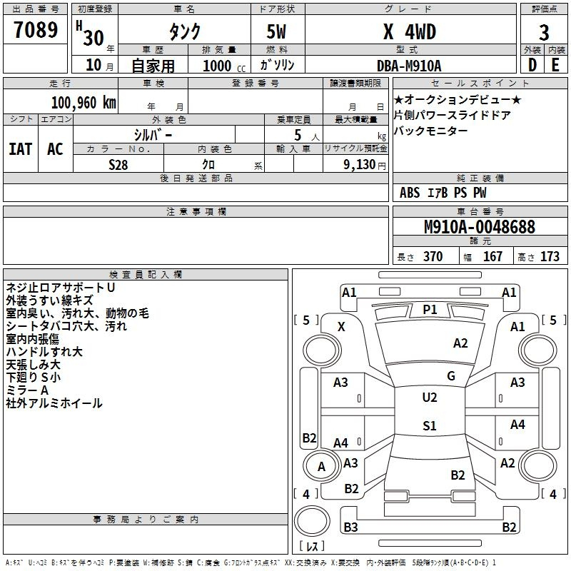 Аукционный лист TOYOTA TANK 2018