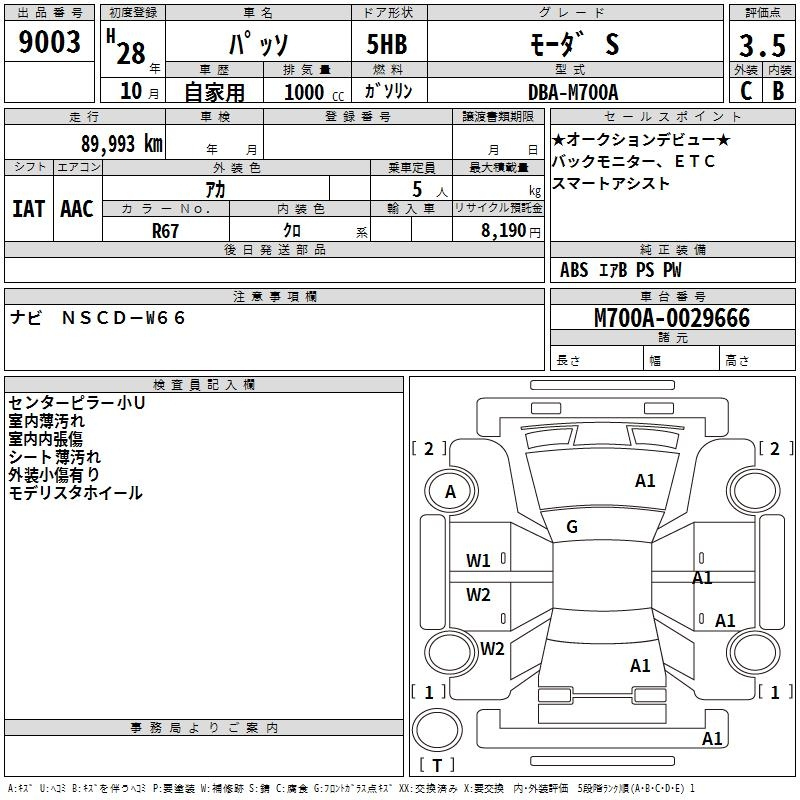 Аукционный лист TOYOTA PASSO 2016