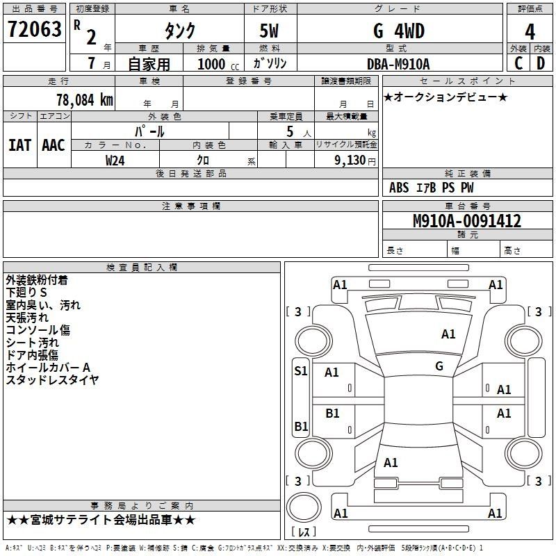 Аукционный лист TOYOTA TANK 2020