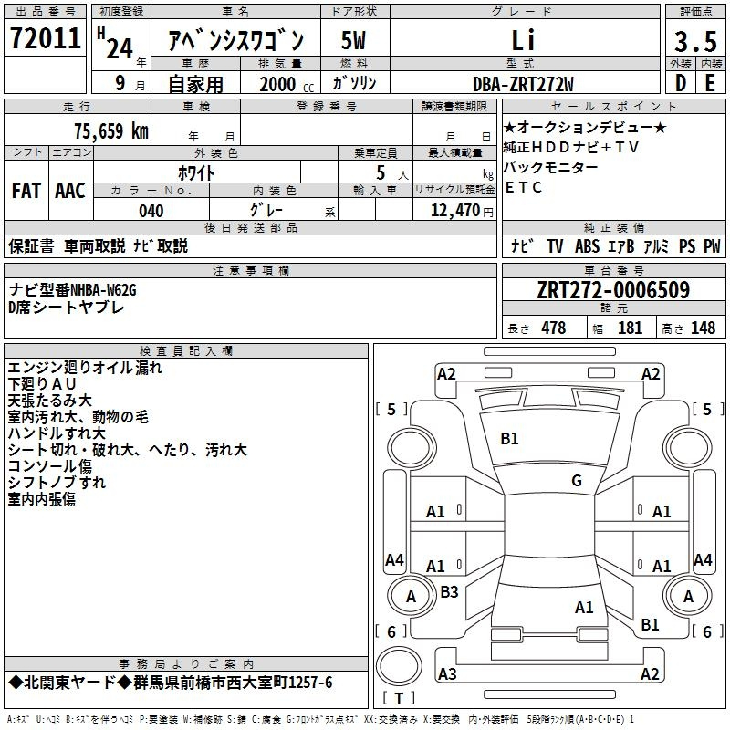 Аукционный лист TOYOTA AVENSIS WAGON 2012
