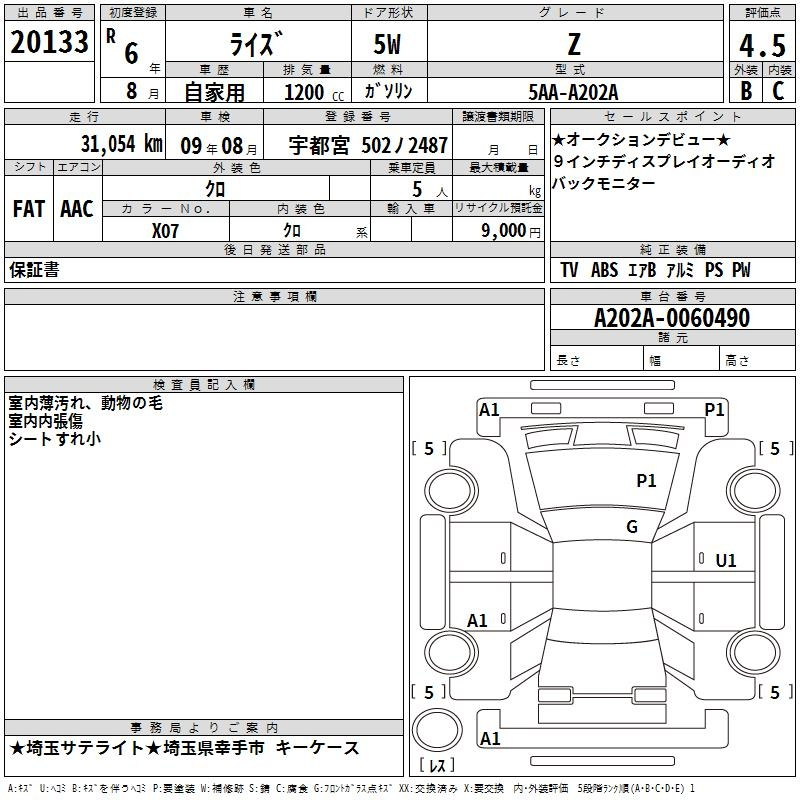 Аукционный лист TOYOTA RAIZE 2024