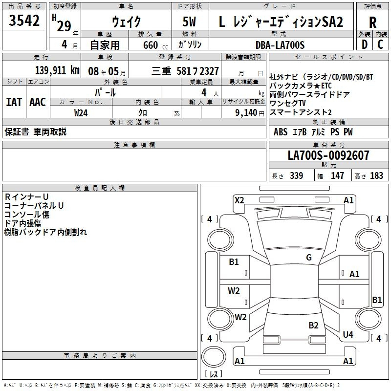Аукционный лист DAIHATSU WAKE 2017
