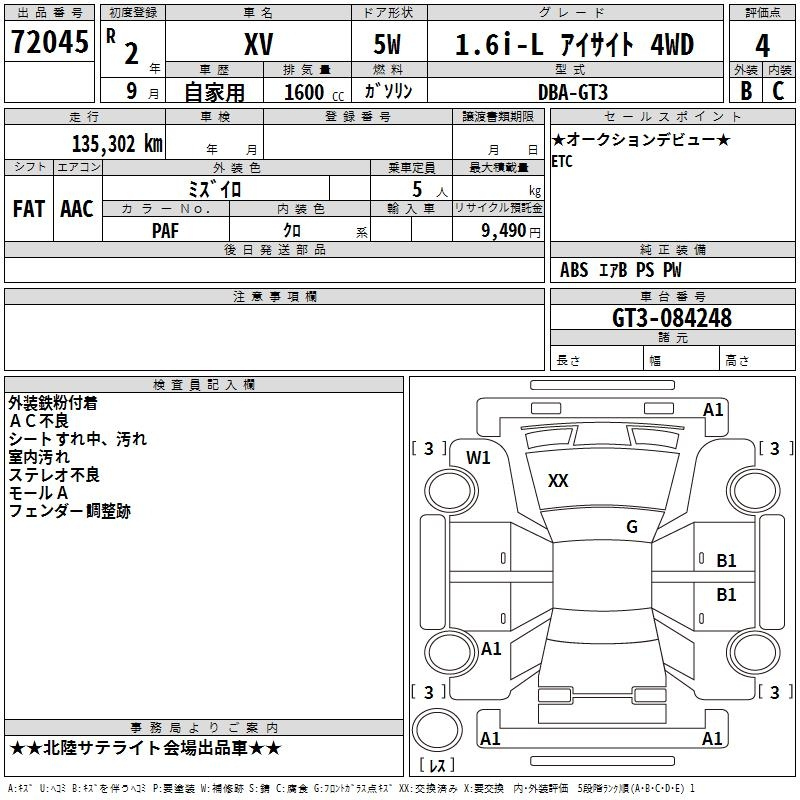 Аукционный лист SUBARU XV 2020