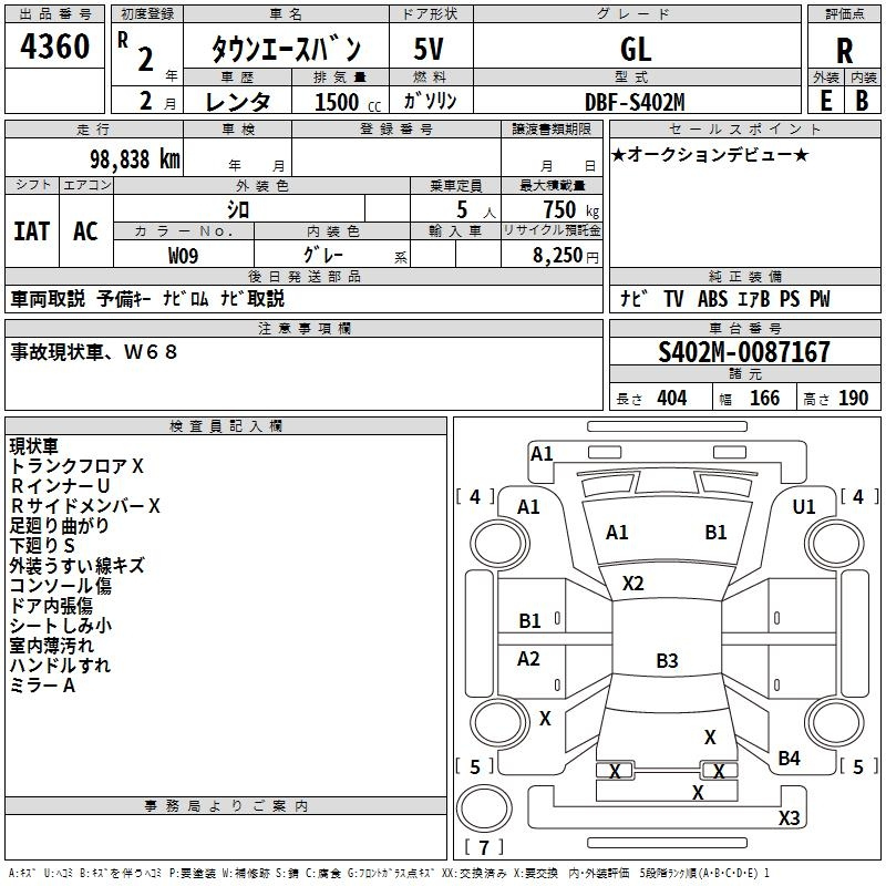 Аукционный лист TOYOTA TOWN ACE VAN 2020