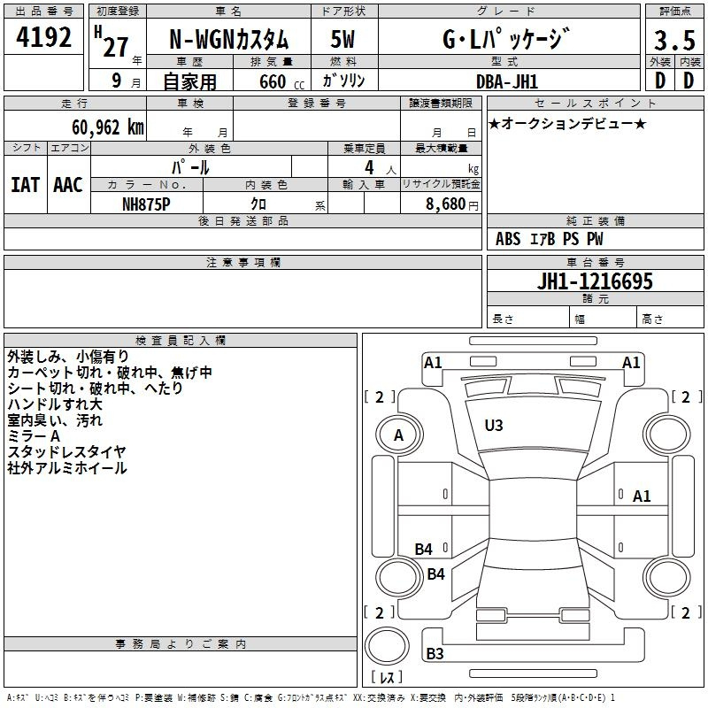 Аукционный лист HONDA N WGN 2015