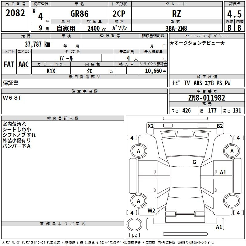 Аукционный лист TOYOTA 86 2022