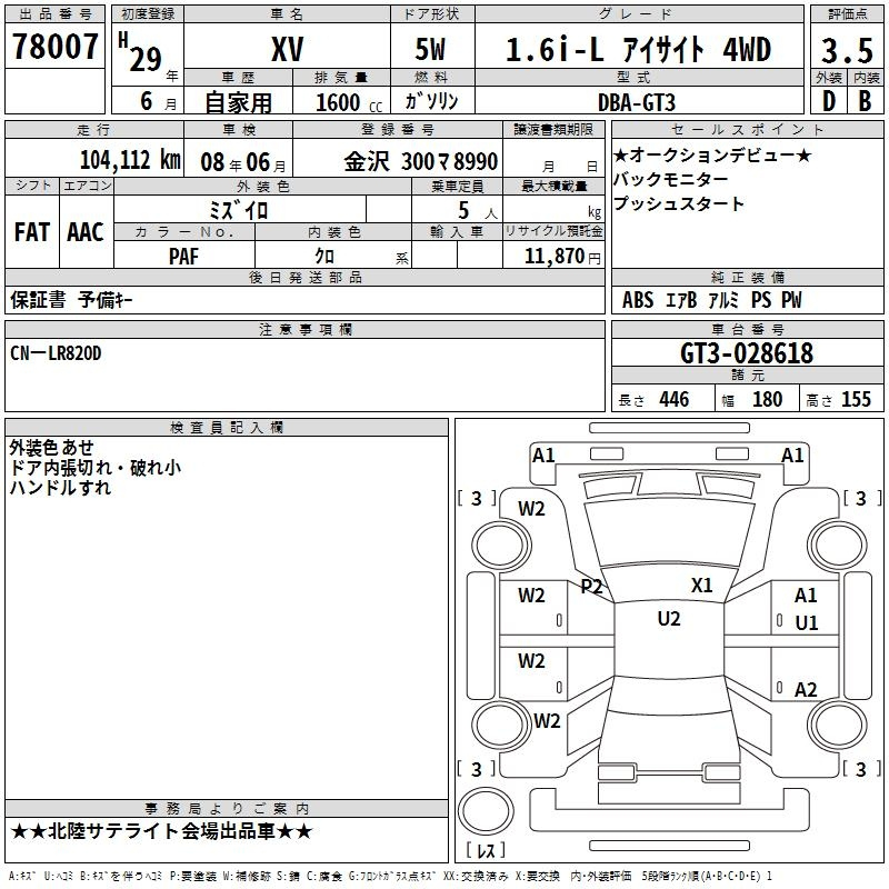 Аукционный лист SUBARU XV 2017