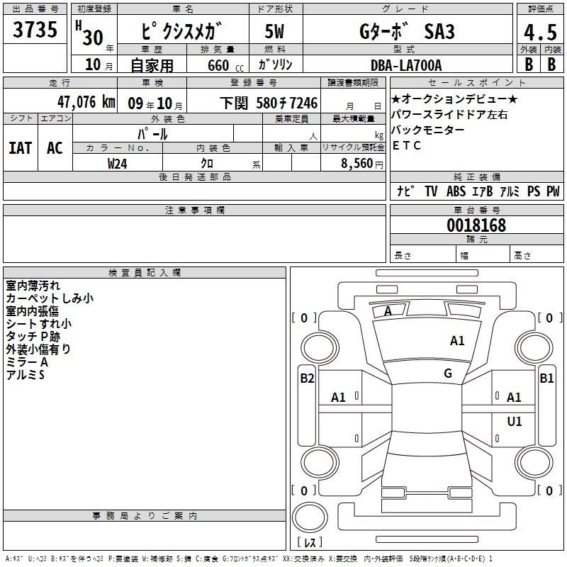 Аукционный лист TOYOTA PIXIS MEGA 2018