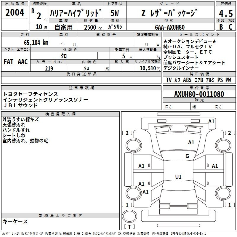 Аукционный лист TOYOTA HARRIER 2020
