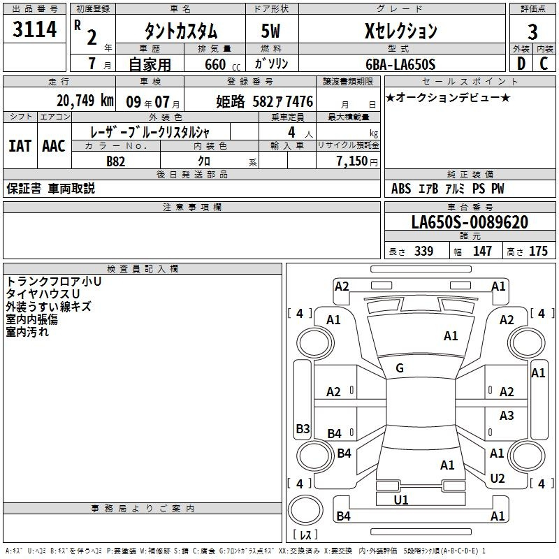 Аукционный лист DAIHATSU TANTO 2020