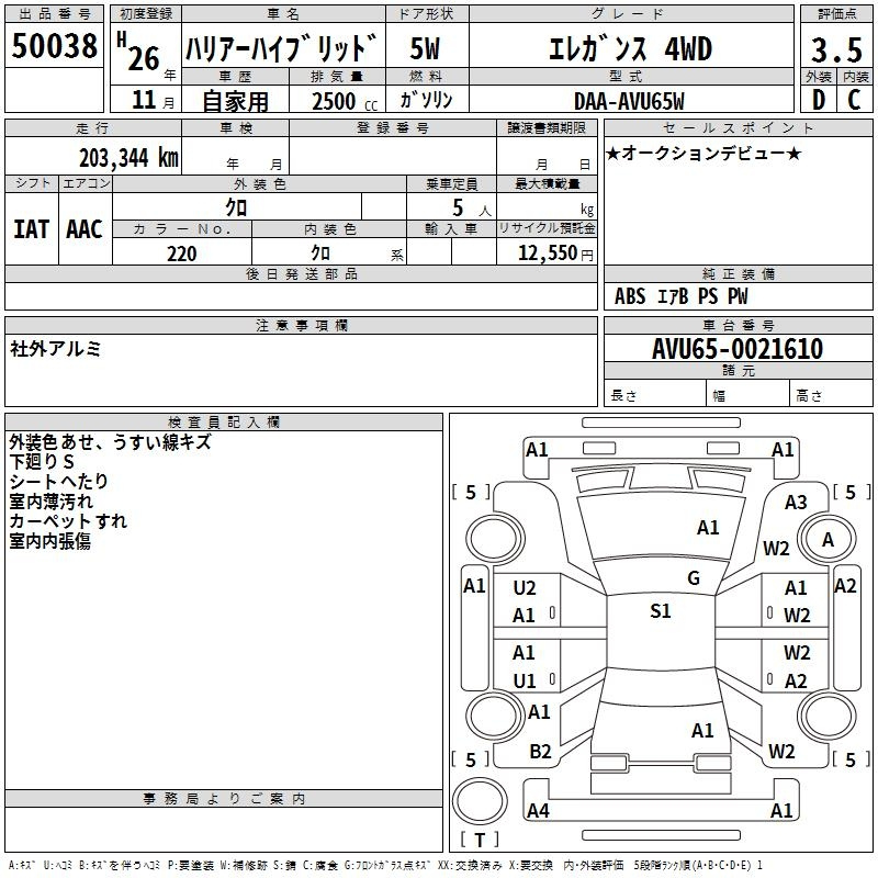 Аукционный лист TOYOTA HARRIER 2014