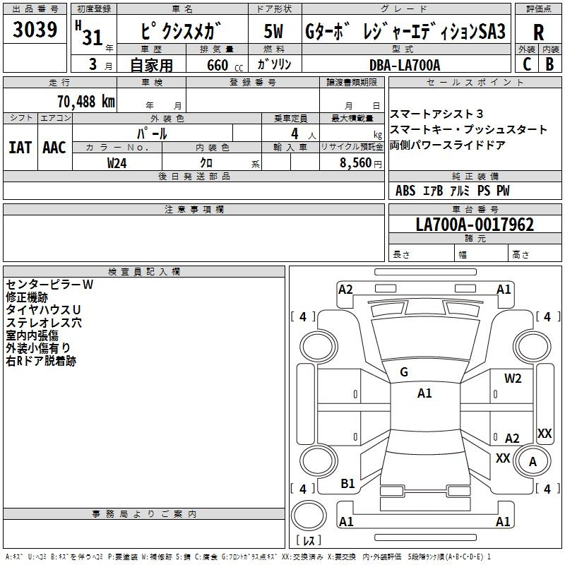 Аукционный лист TOYOTA PIXIS MEGA 2019