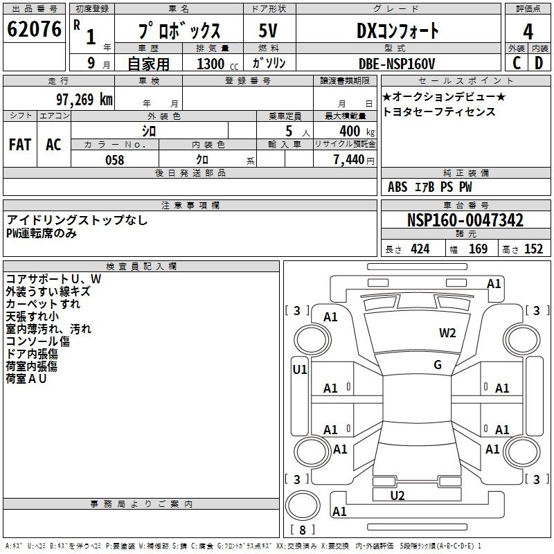 Аукционный лист TOYOTA PROBOX 2019