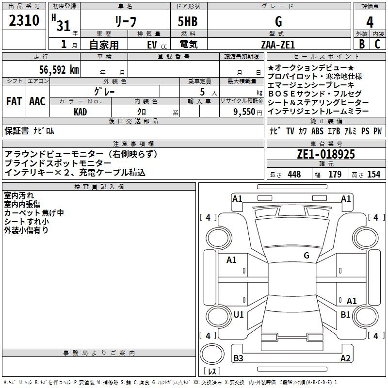 Аукционный лист NISSAN LEAF 2019