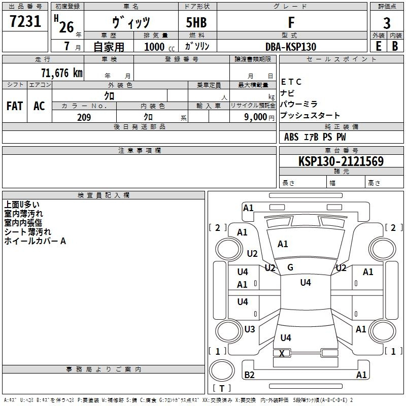 Аукционный лист TOYOTA VITZ 2014