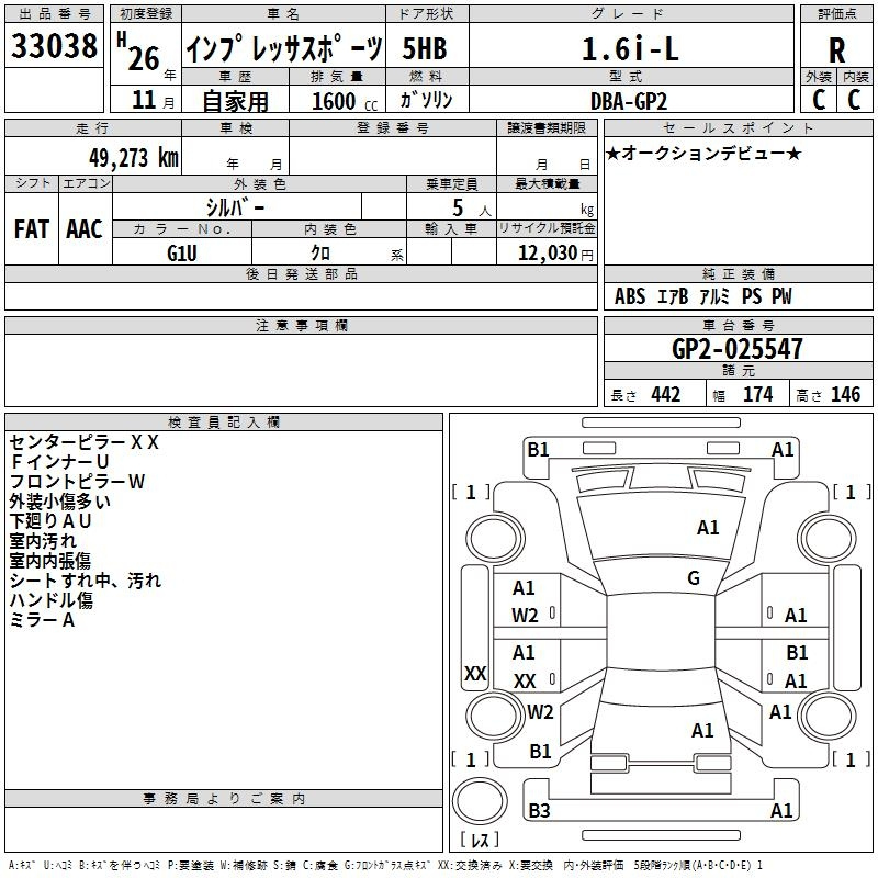 Аукционный лист SUBARU IMPREZA 2014