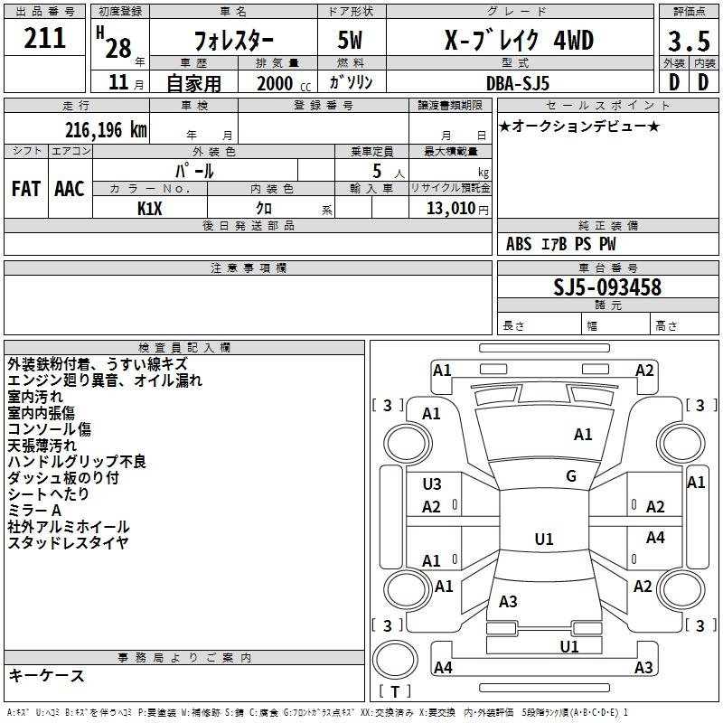 Аукционный лист SUBARU FORESTER 2016