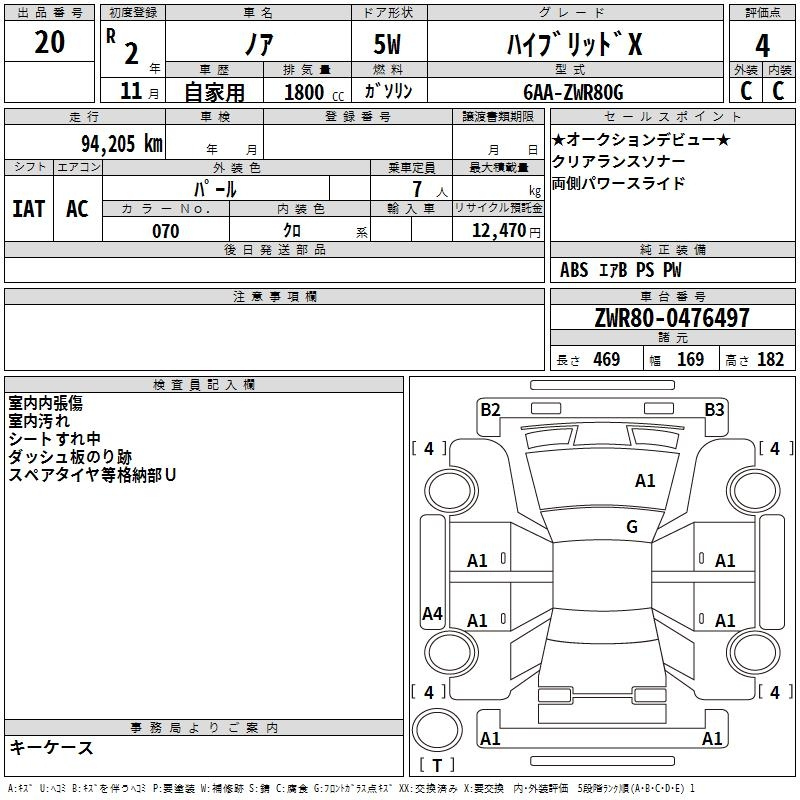 Аукционный лист TOYOTA NOAH 2020