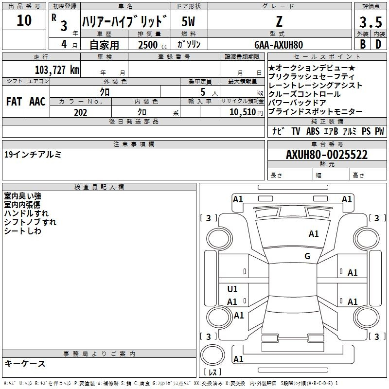 Аукционный лист TOYOTA HARRIER 2021