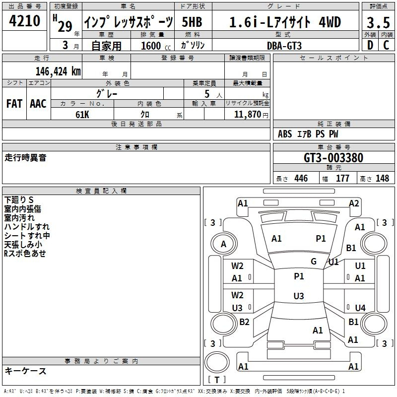 Аукционный лист SUBARU IMPREZA 2017