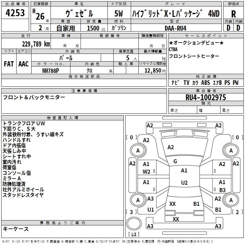 Аукционный лист HONDA VEZEL 2014