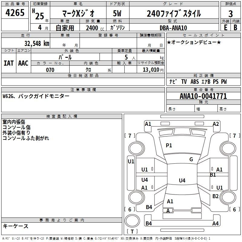 Аукционный лист TOYOTA MARK X ZIO 2013