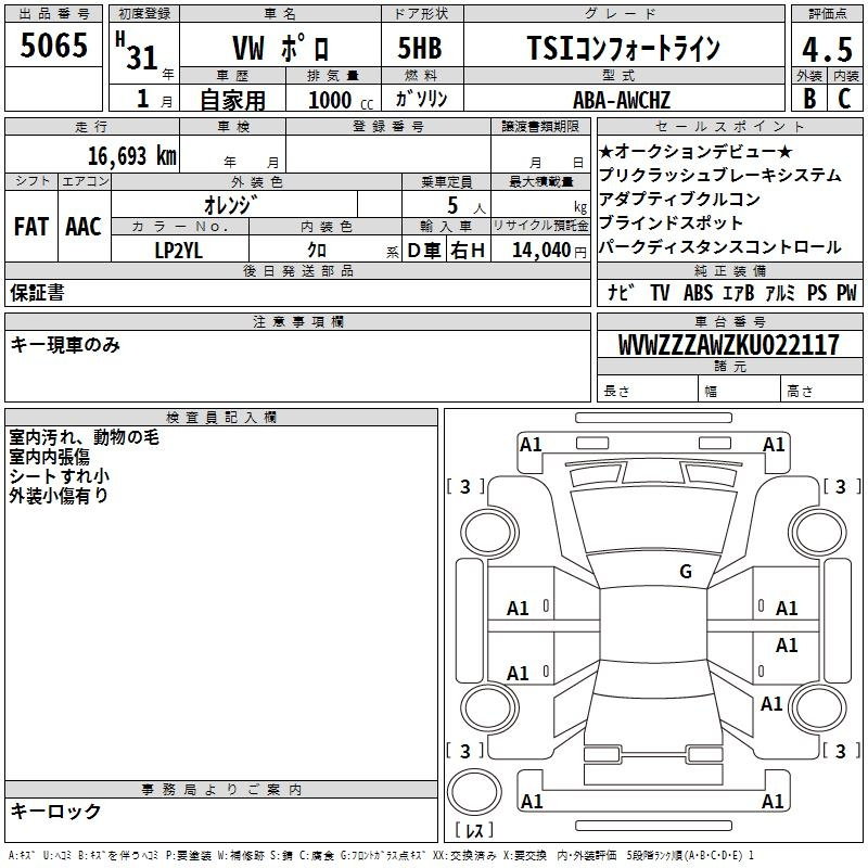 Аукционный лист VOLKSWAGEN POLO 2019