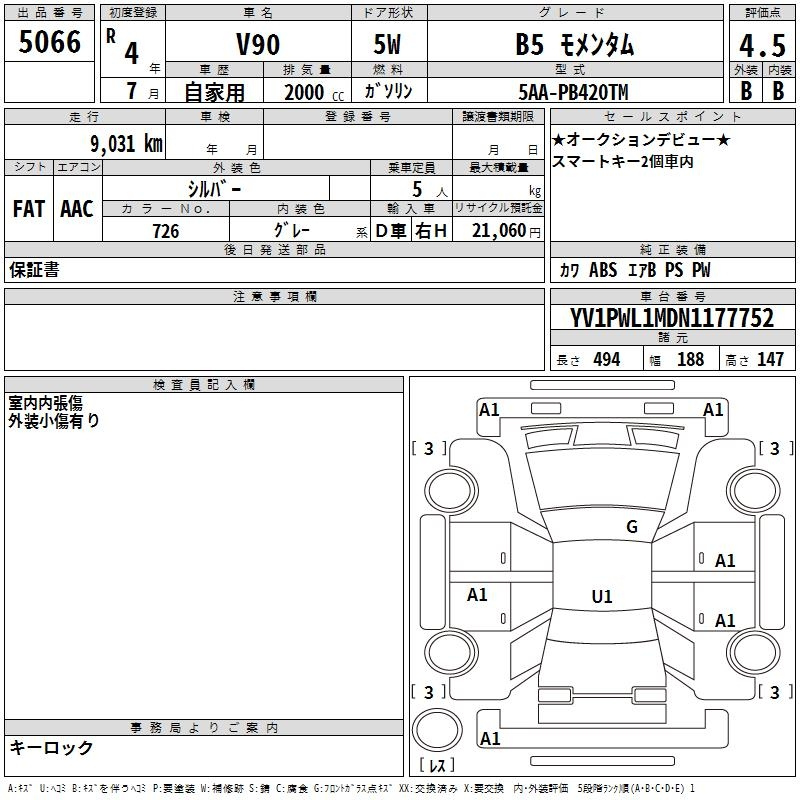 Аукционный лист VOLVO V90 2022