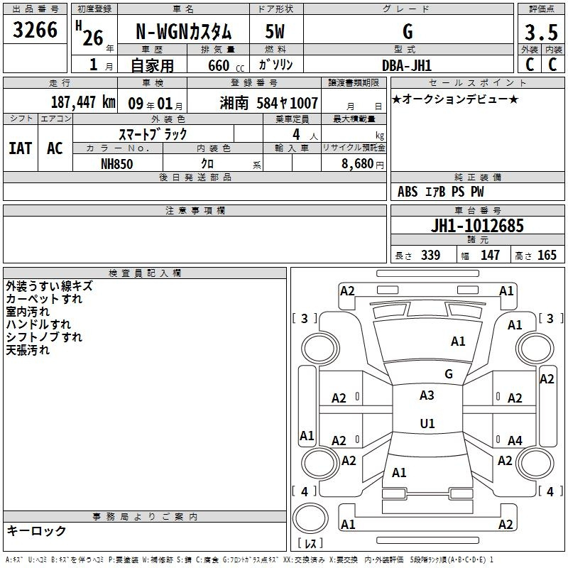 Аукционный лист HONDA N WGN 2014