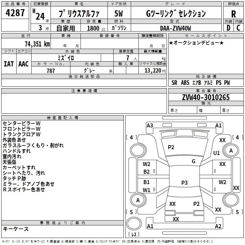 Аукционный лист TOYOTA PRIUS ALPHA 2012