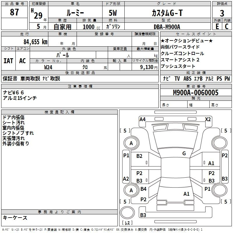Аукционный лист TOYOTA ROOMY 2017
