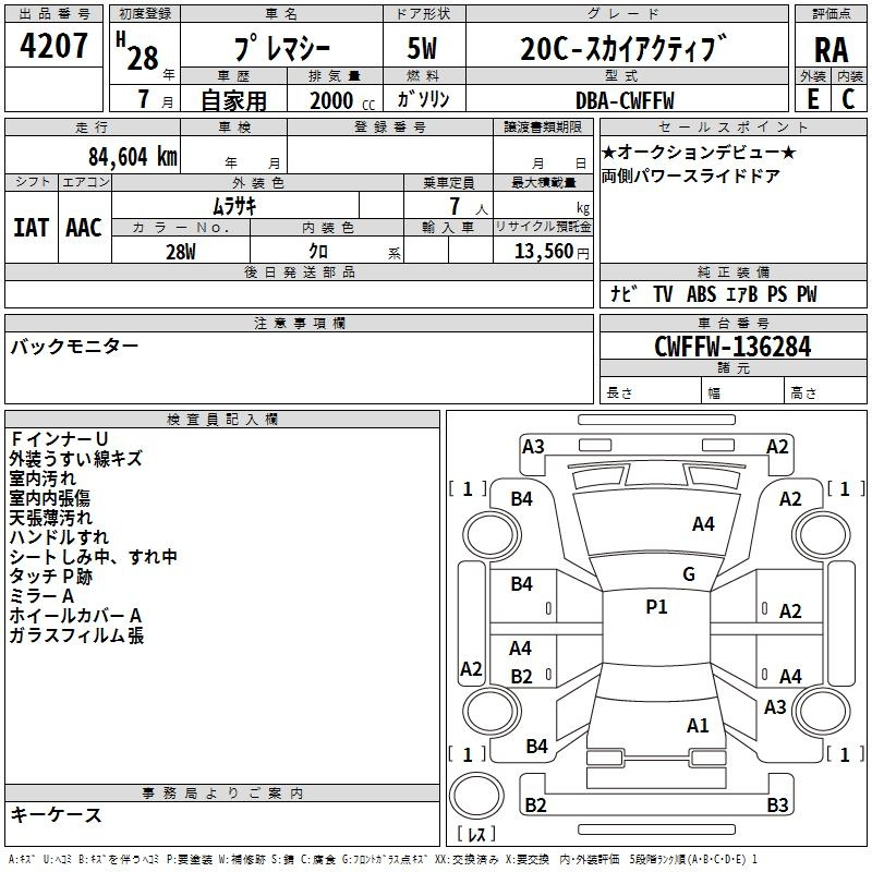 Аукционный лист MAZDA PREMACY 2016