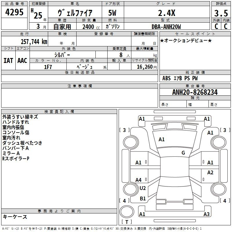 Аукционный лист TOYOTA VELLFIRE 2013