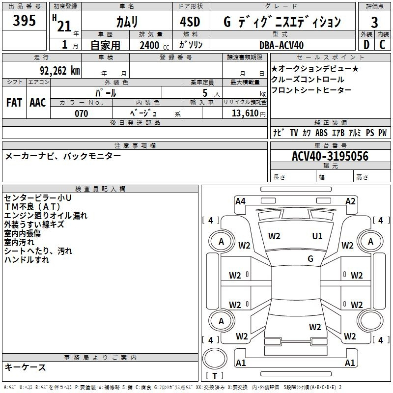 Аукционный лист TOYOTA CAMRY 2009