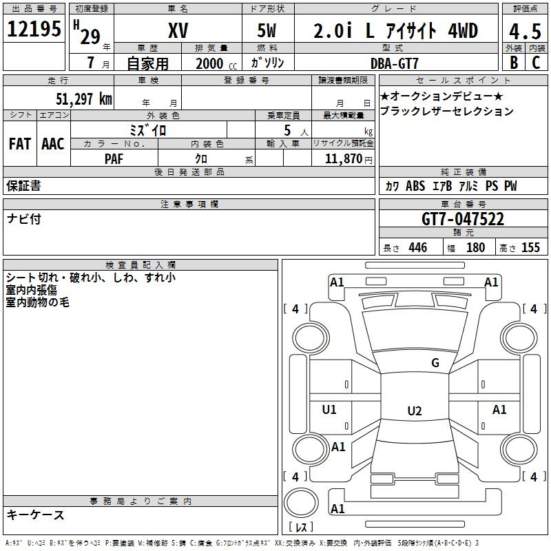 Аукционный лист SUBARU XV 2017