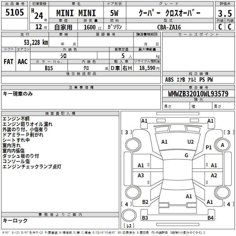 Аукционный лист BMW MINI 2012
