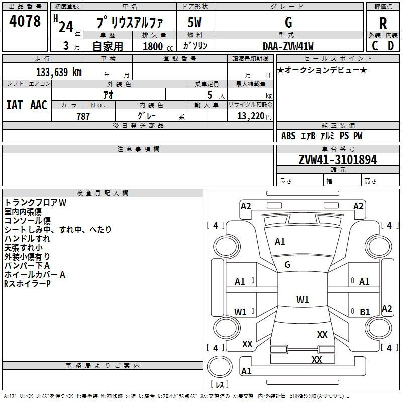 Аукционный лист TOYOTA PRIUS ALPHA 2012