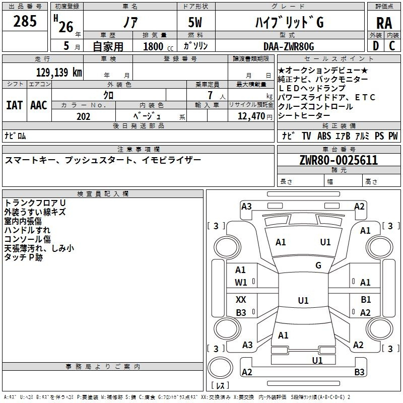 Аукционный лист TOYOTA NOAH 2014