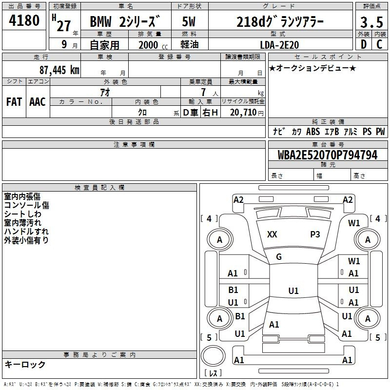 Аукционный лист BMW 2 SERIES 2015