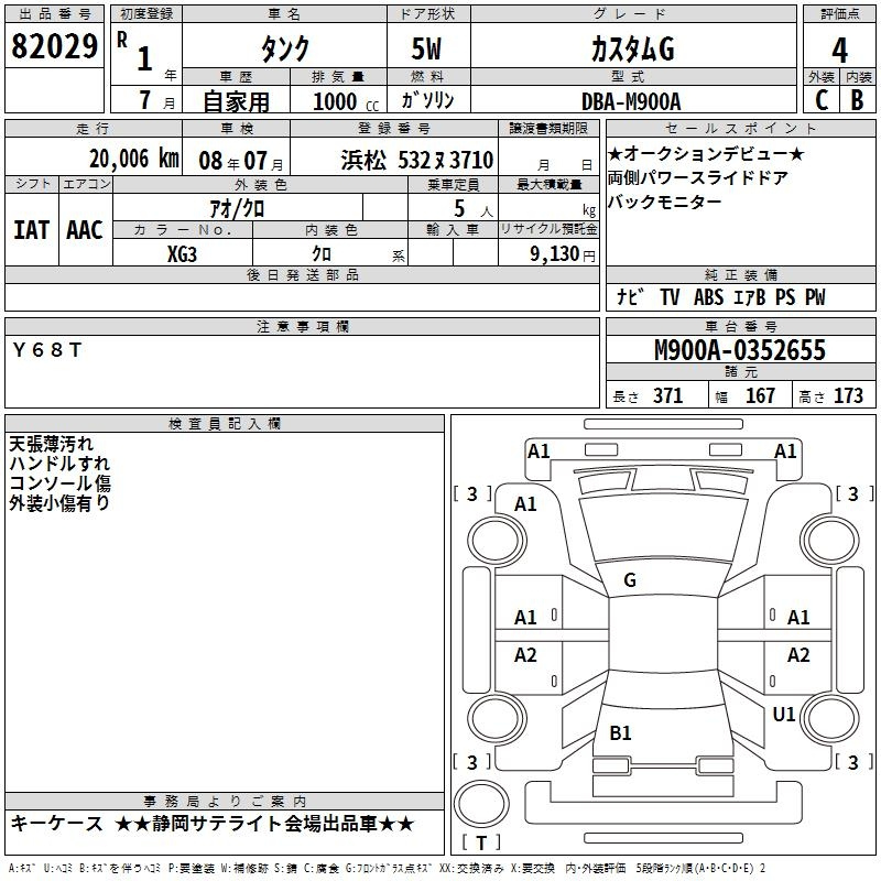 Аукционный лист TOYOTA TANK 2019
