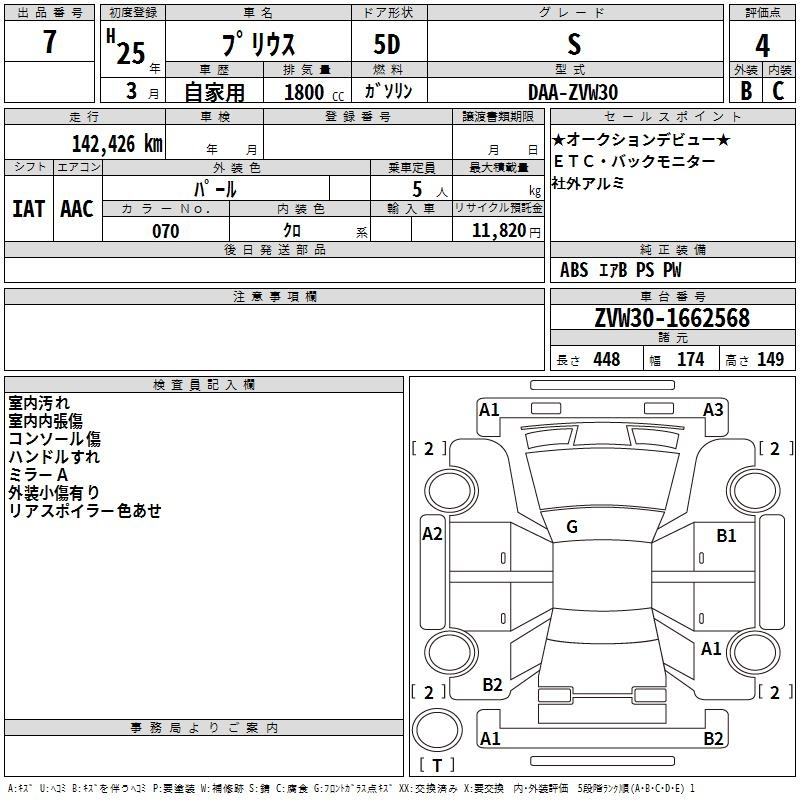 Аукционный лист TOYOTA PRIUS 2013