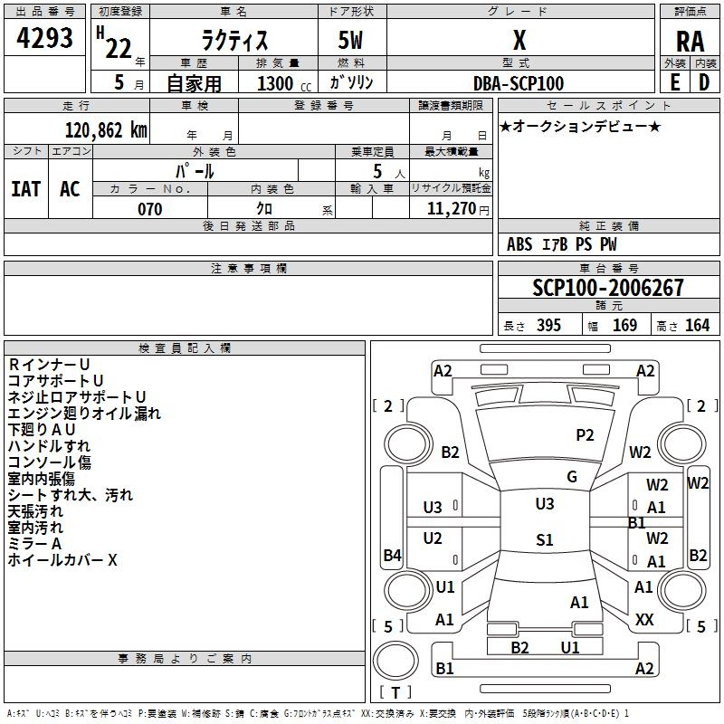 Аукционный лист TOYOTA RACTIS 2010
