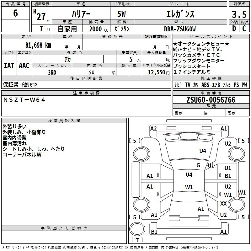 Аукционный лист TOYOTA HARRIER 2015