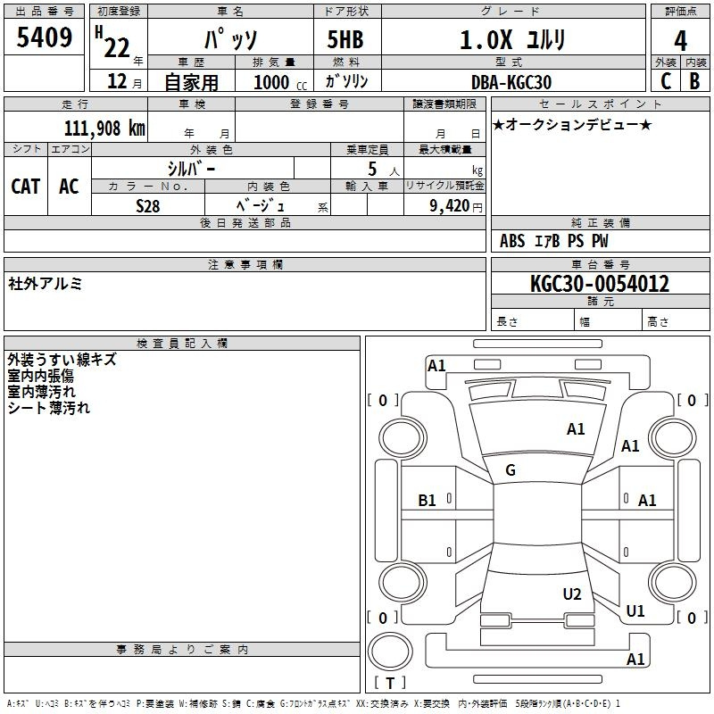 Аукционный лист TOYOTA PASSO 2010